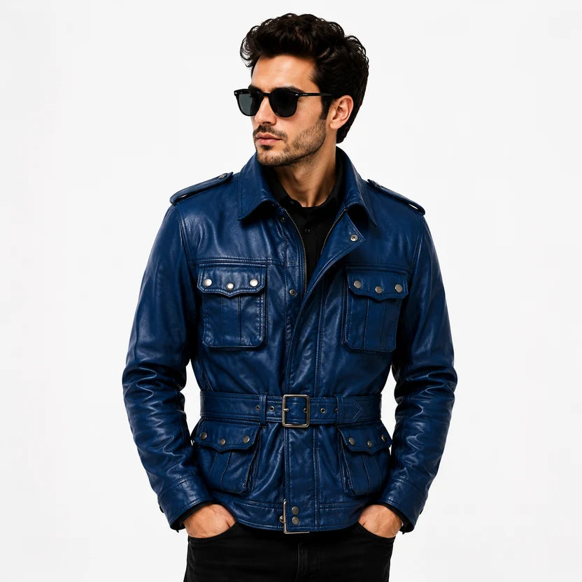 Men's Royal Blue Leather Field Biker Jacket 
