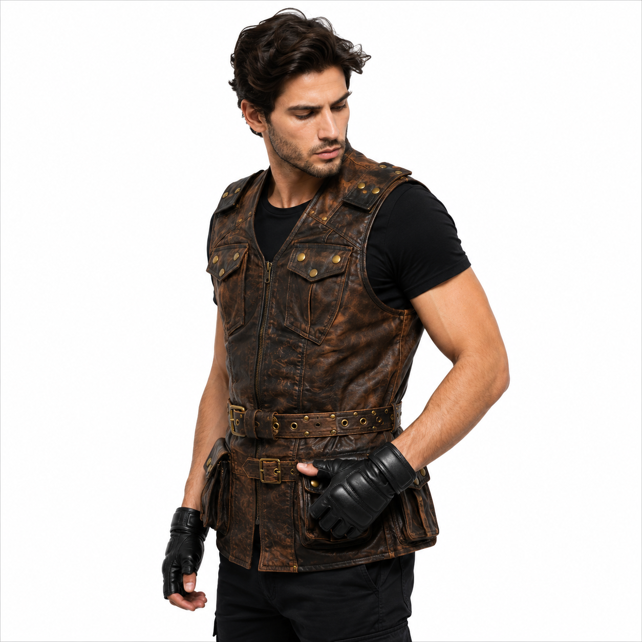 Men's Distressed Brown Leather Utility Vest with Buckles Front View