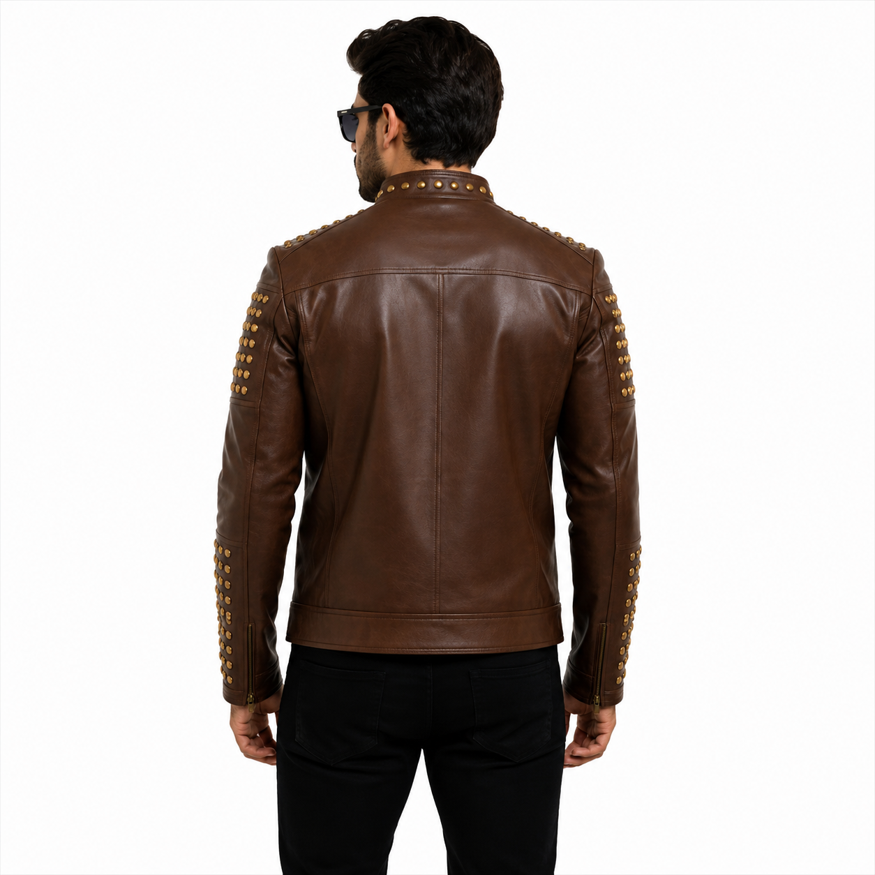 Men's Brown Studded Leather Moto Jacket
