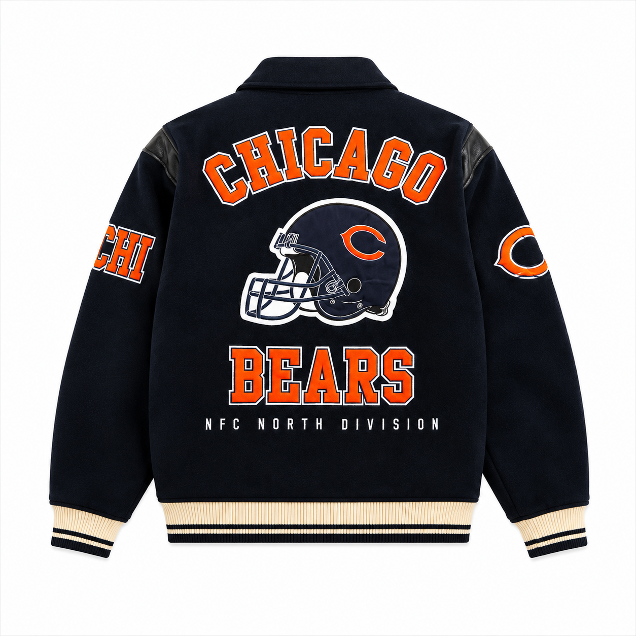 Navy Blue Chicago Bears NFL Varsity Jacket with Chicago Bears Helmet Logo on Back
