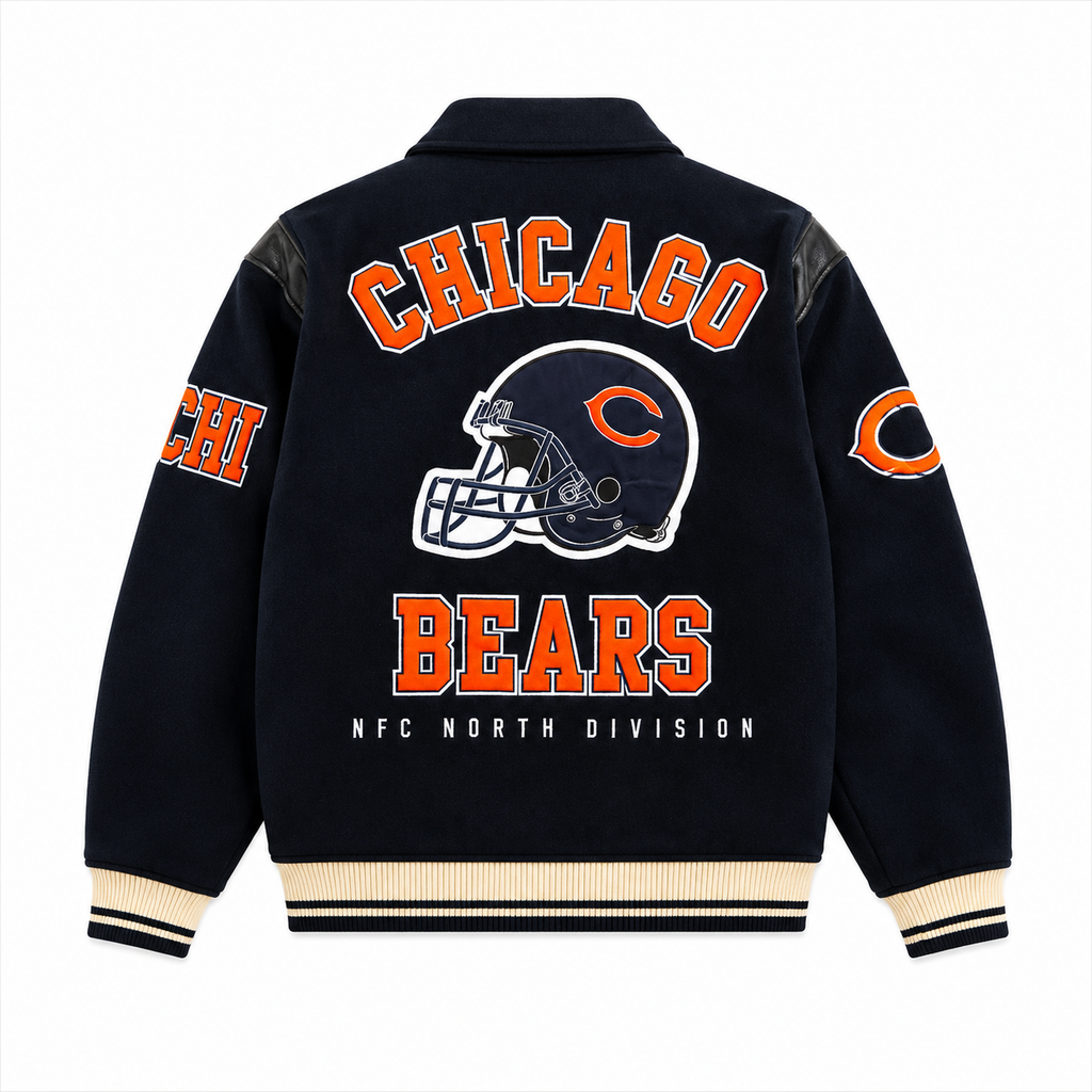 Navy Blue Chicago Bears NFL Varsity Jacket with Chicago Bears Helmet Logo on Back