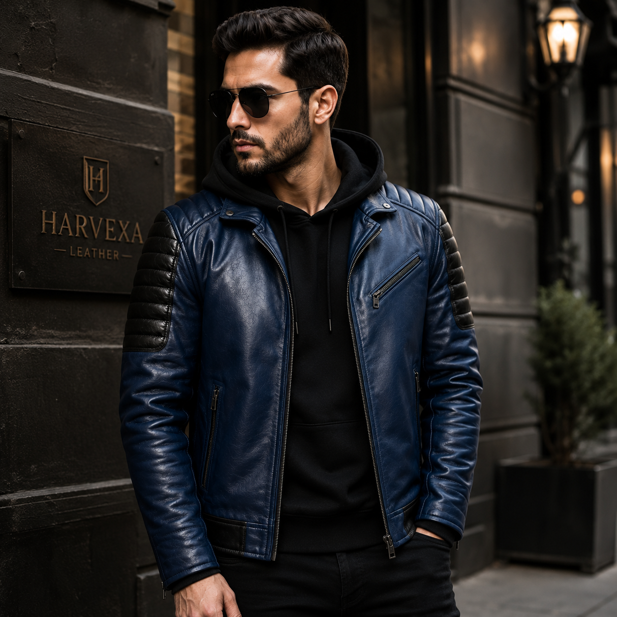 Men's navy blue hooded leather biker jacket