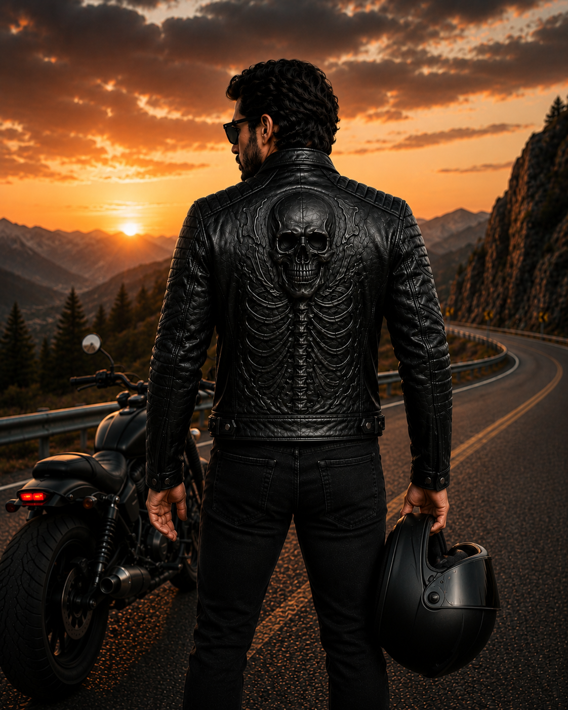 Men's Black Skull Embossed Biker Leather Jacket