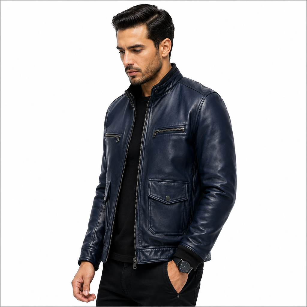 Men's navy blue leather café racer jacket