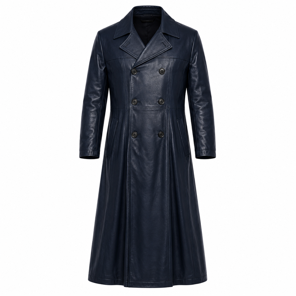 Full-Length Double-Breasted Leather Duster Trench Coat
