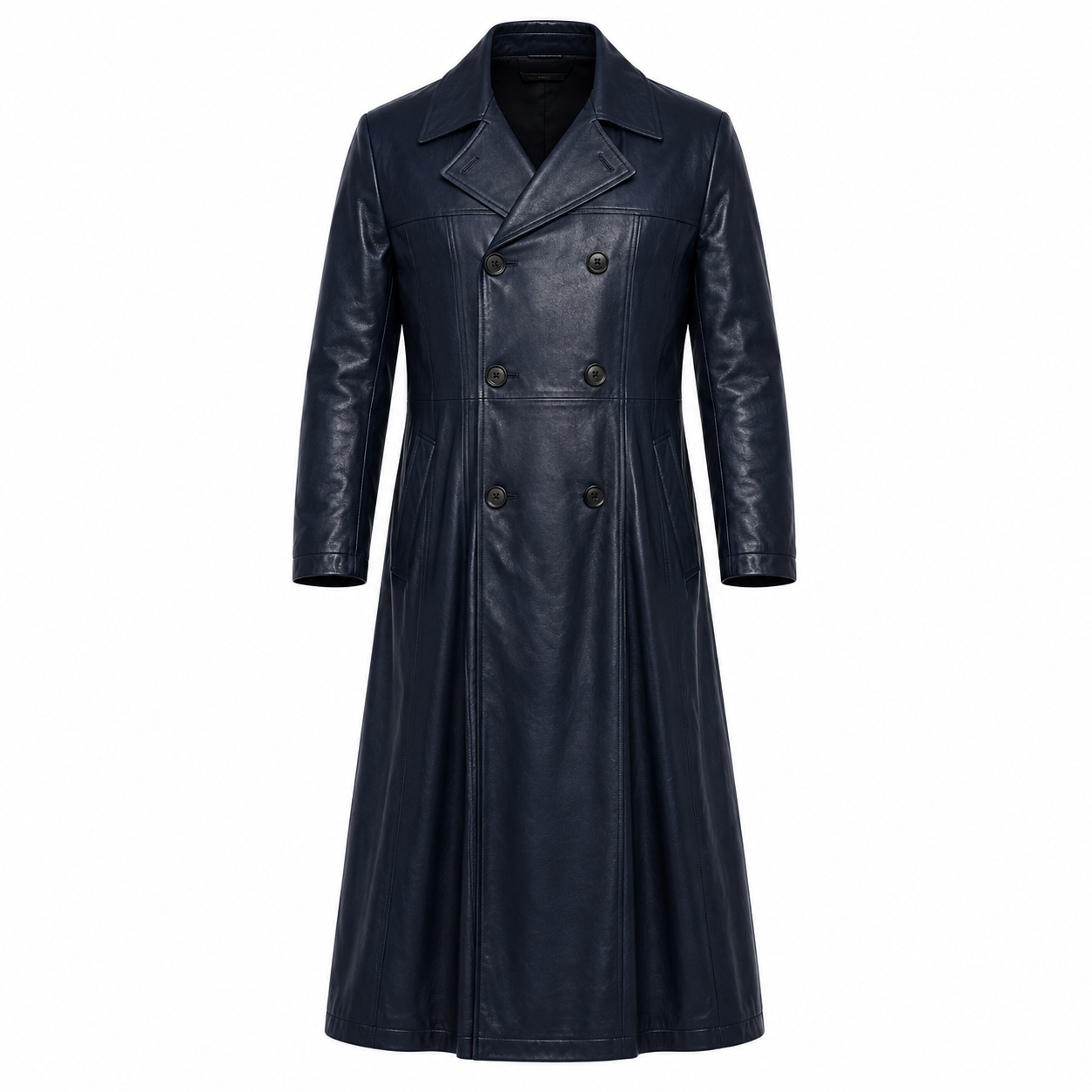 Full-Length Double-Breasted Leather Duster Trench Coat
