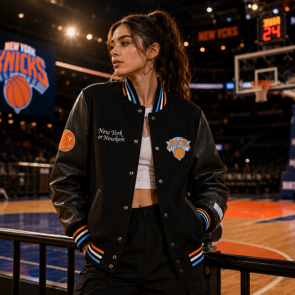  Black Leather New York Knicks Varsity Jacket with Knicks Logo and New York