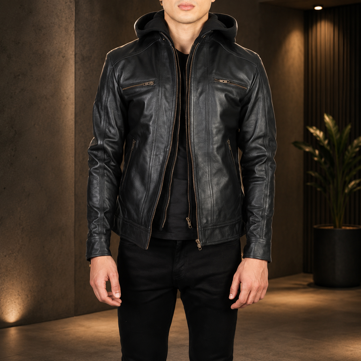 Men's Black Hooded Leather Biker Jacket