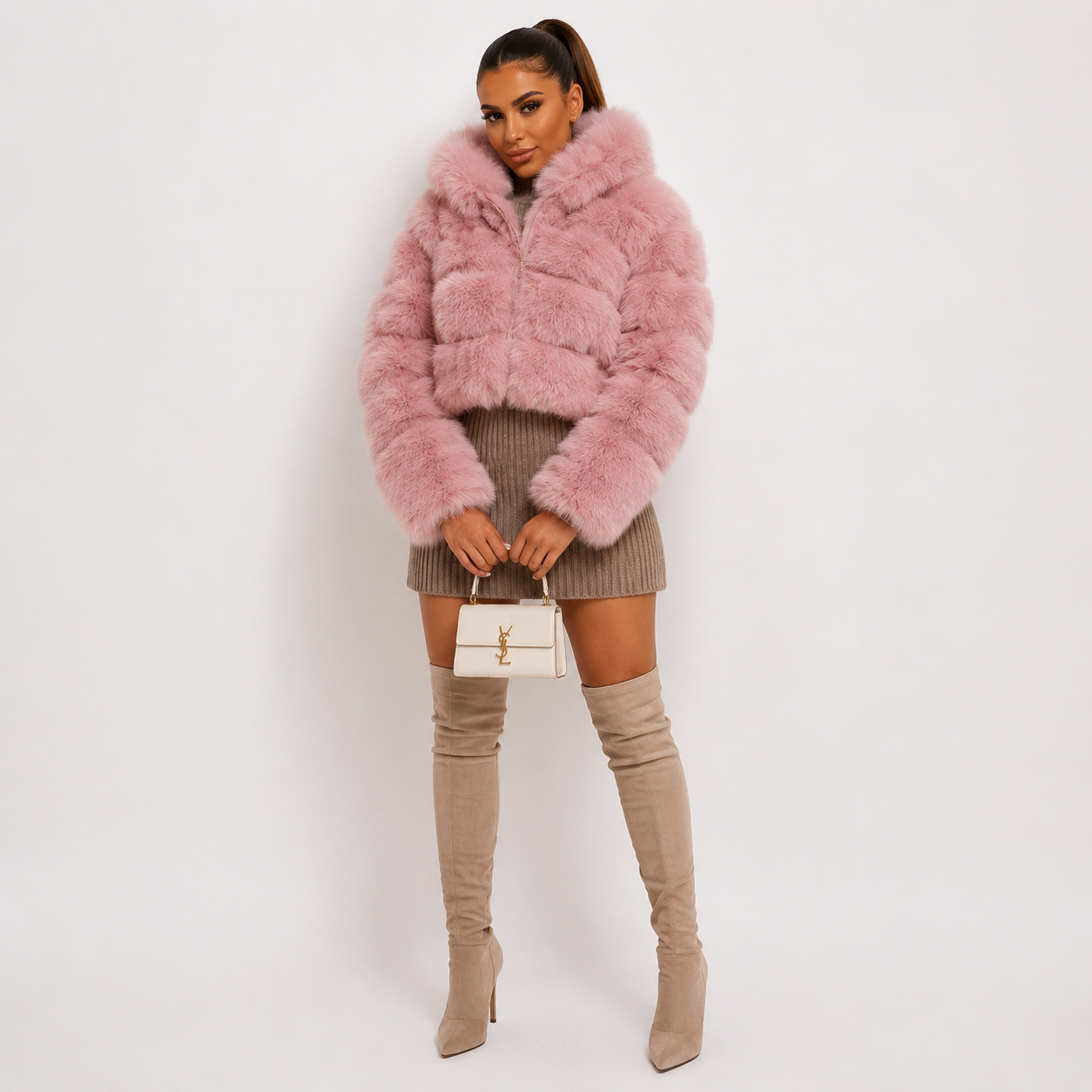 Women's  Pink Faux Fur Bubble Coat
