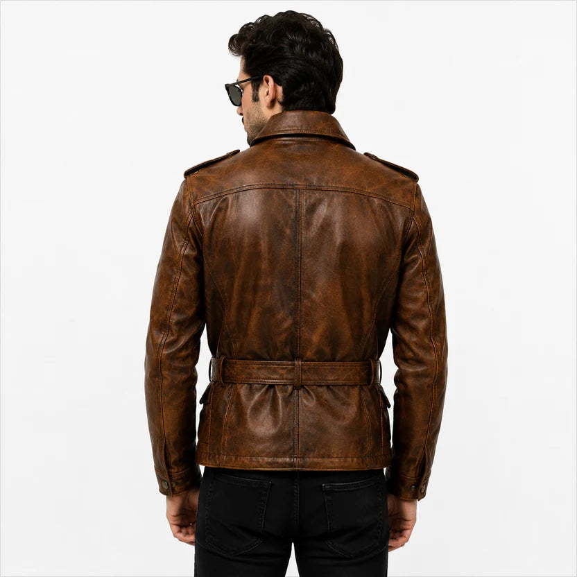 Men's Black Leather Military Field Jacket