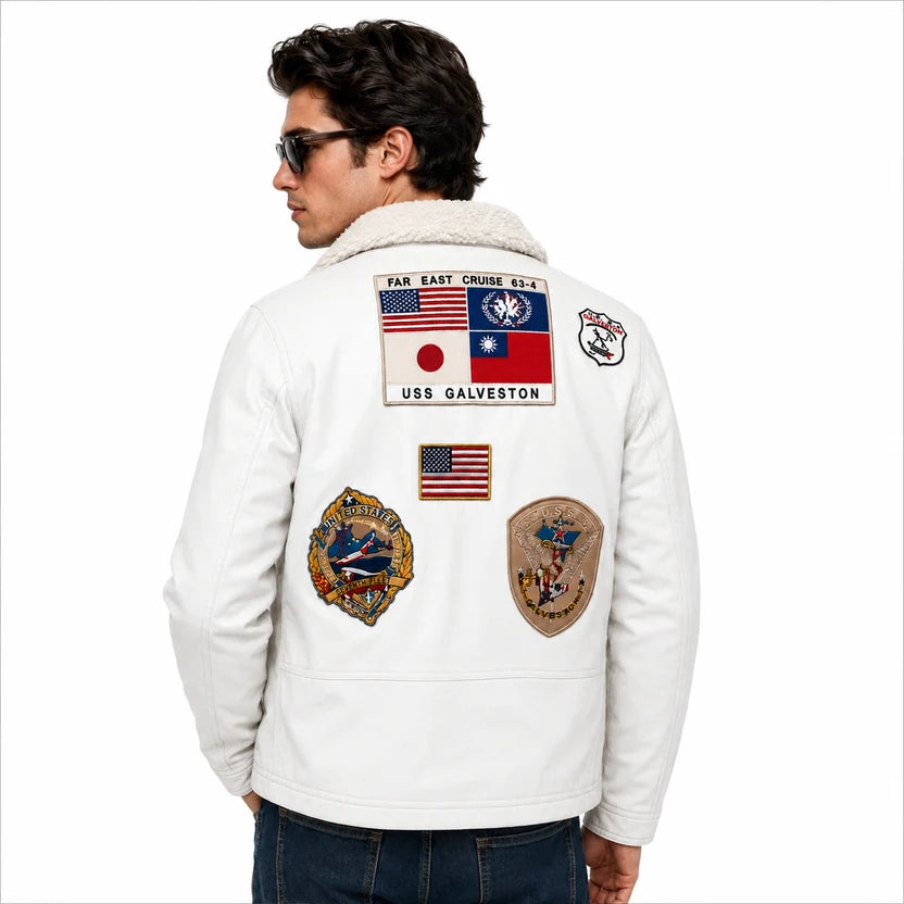 White Leather Pilot Jacket with Shearling Collar and Military Patches