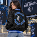 Womens minnesota timberwolves varsity jacket black NBA satin bomber jacket back view white background