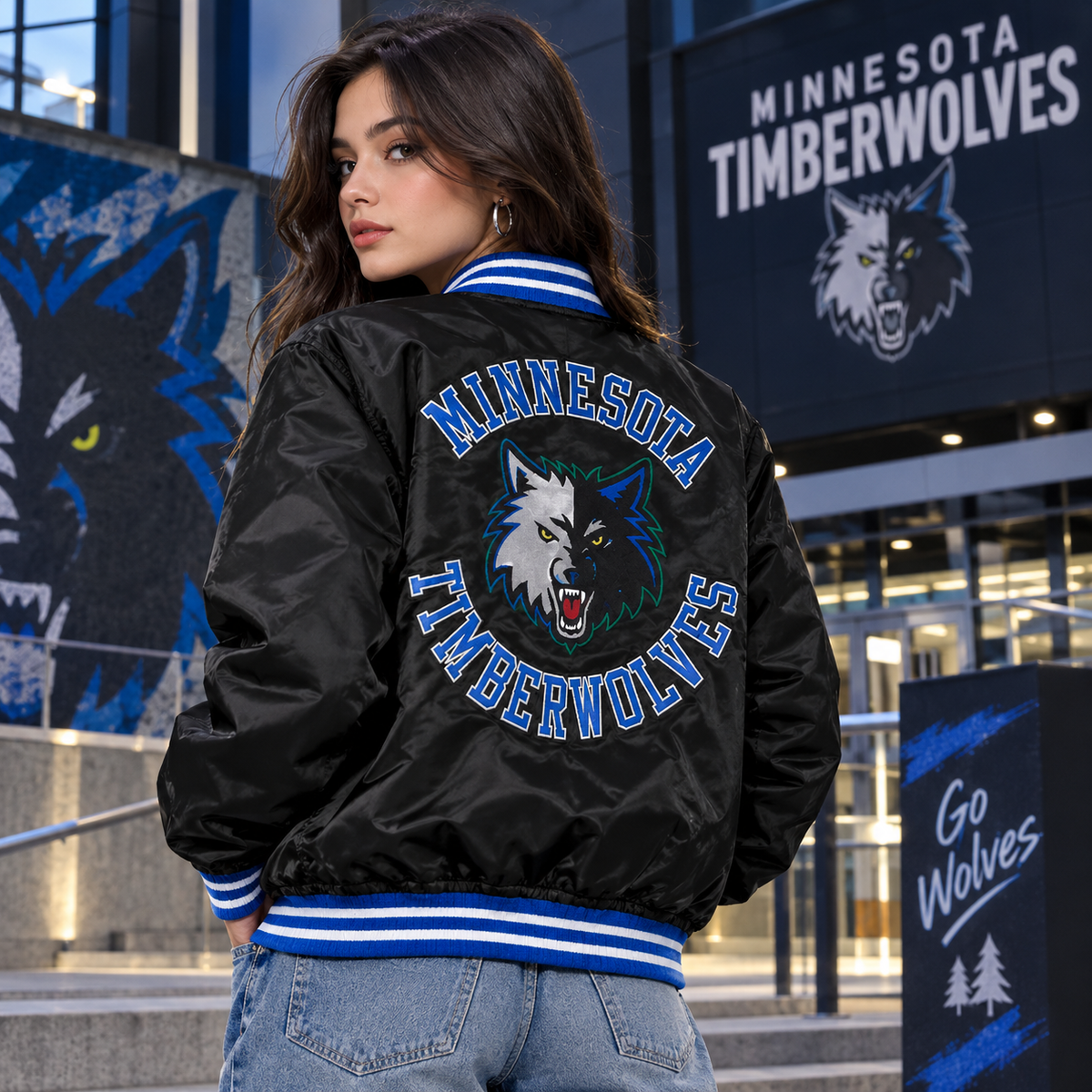 Womens minnesota timberwolves varsity jacket black NBA satin bomber jacket back view white background