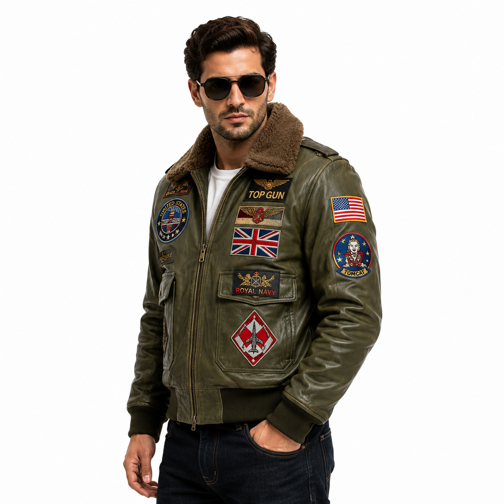 Men's Olive Green Top Gun G-1 Flight Leather Jacket