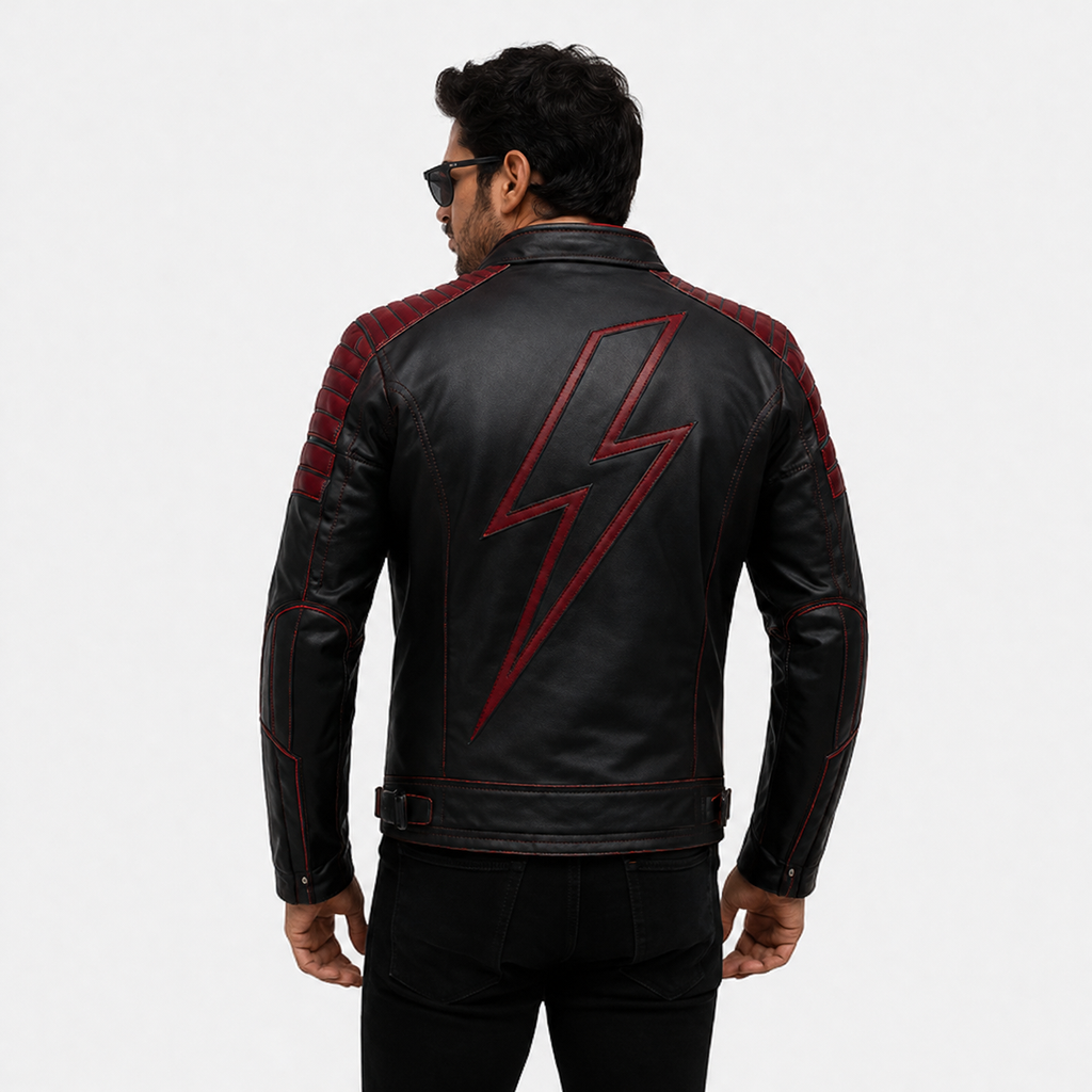 Men's Black & Maroon Racer Leather Biker Jacket
