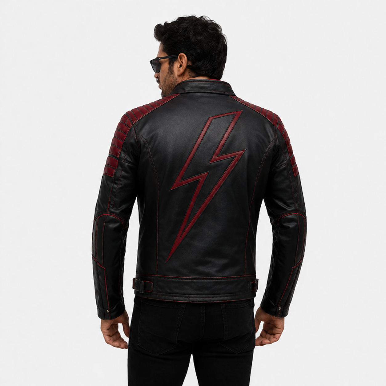 Men's Black & Maroon Racer Leather Biker Jacket