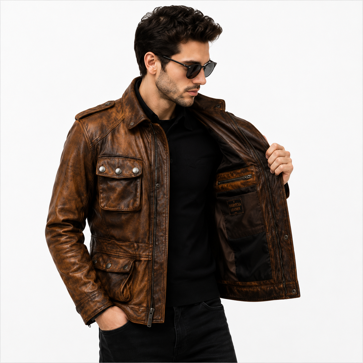 Men's Vintage Military Safari Leather Field Jacket
