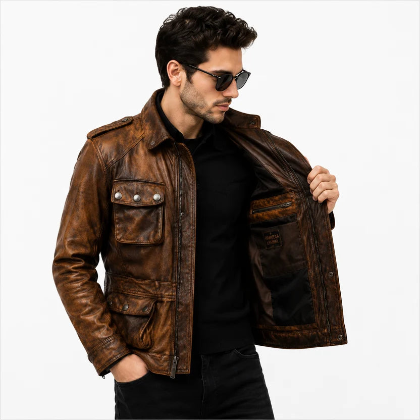 Men's Black Leather Military Field Jacket