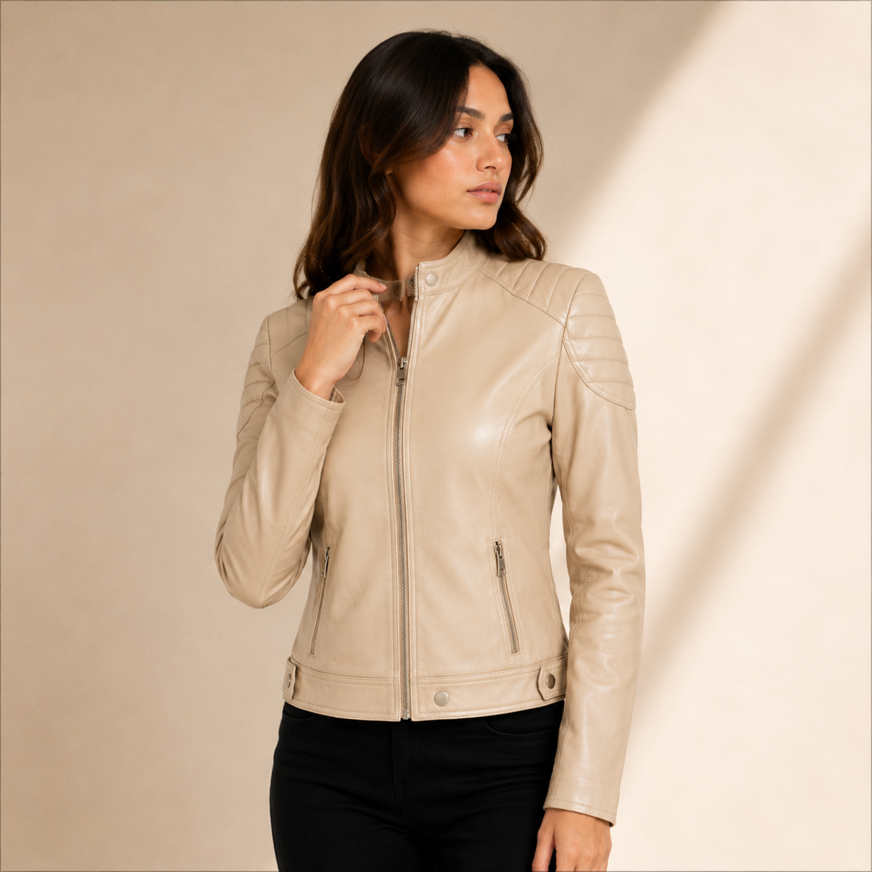 Women's Pastel Beige Cafe Racer Leather Biker Jacket