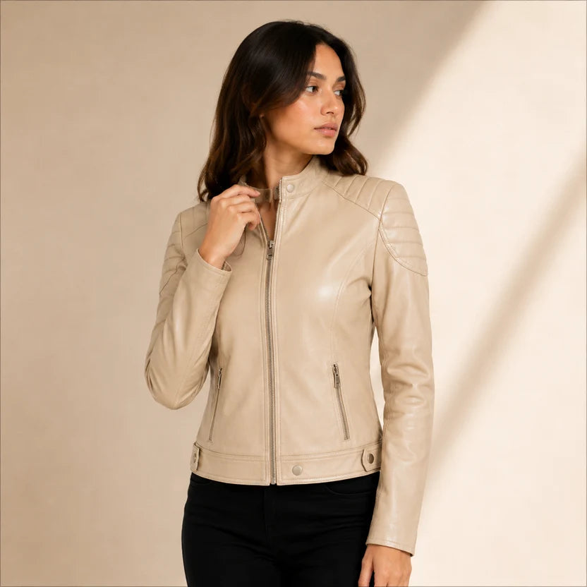 Women's Beige Real Leather Jacket Neutral Spring Outfit