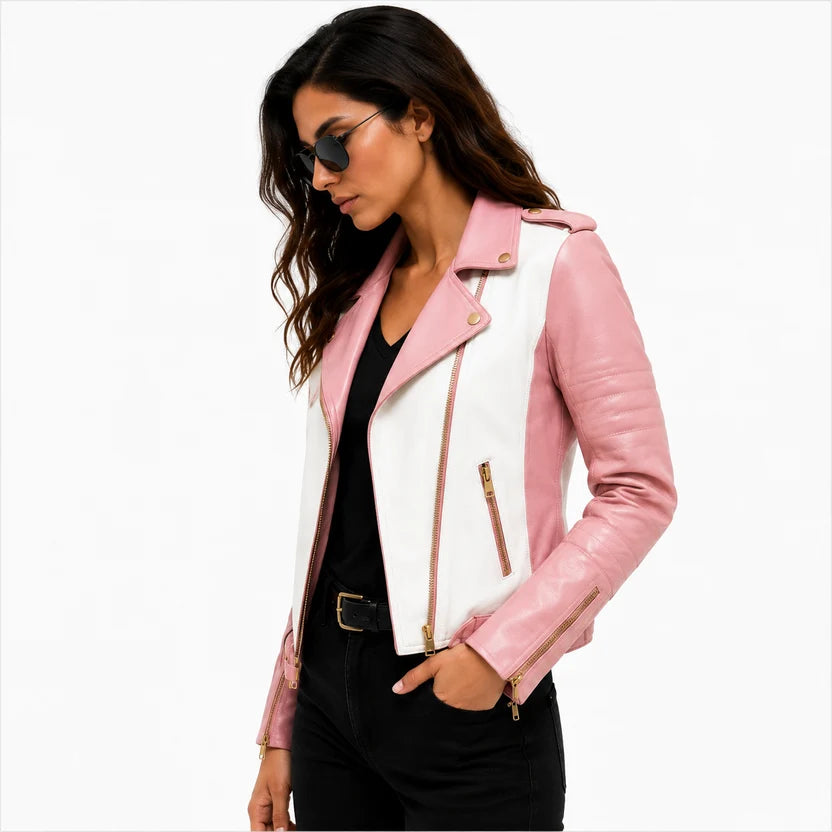 Women's pink white genuine leather jacket