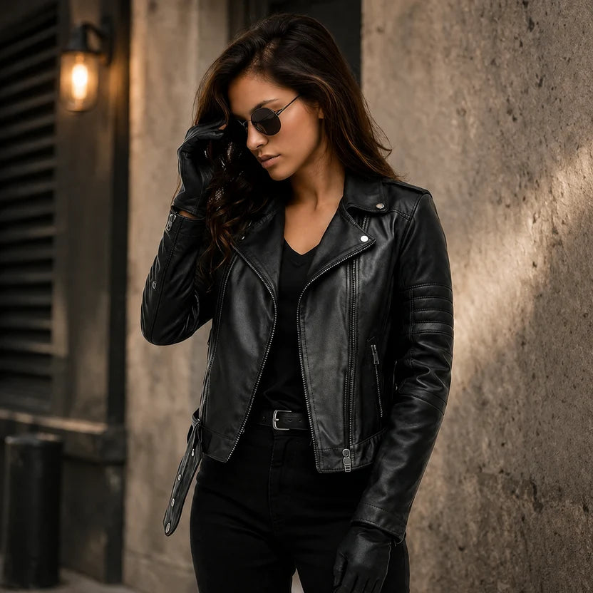  Women's Black Genuine Leather Biker Jacket with Quilted Sleeves