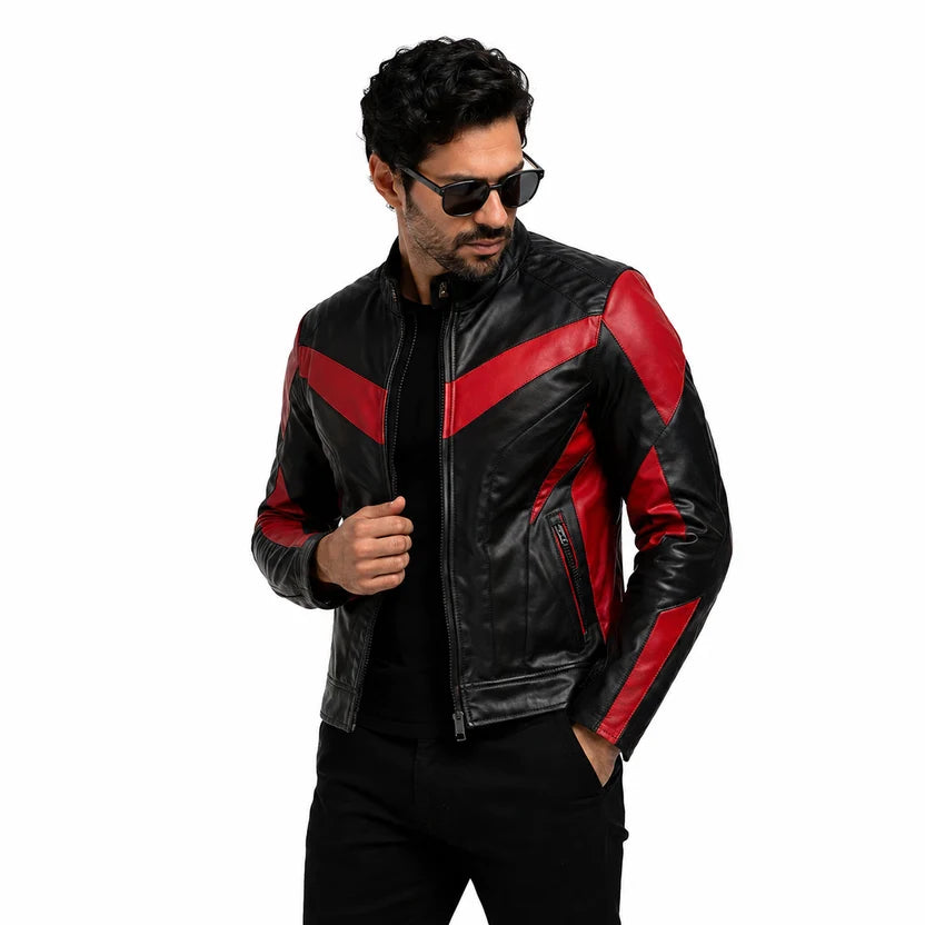 Men's Black and Red V-Panel Racer Leather Jacket with Chest Stripes