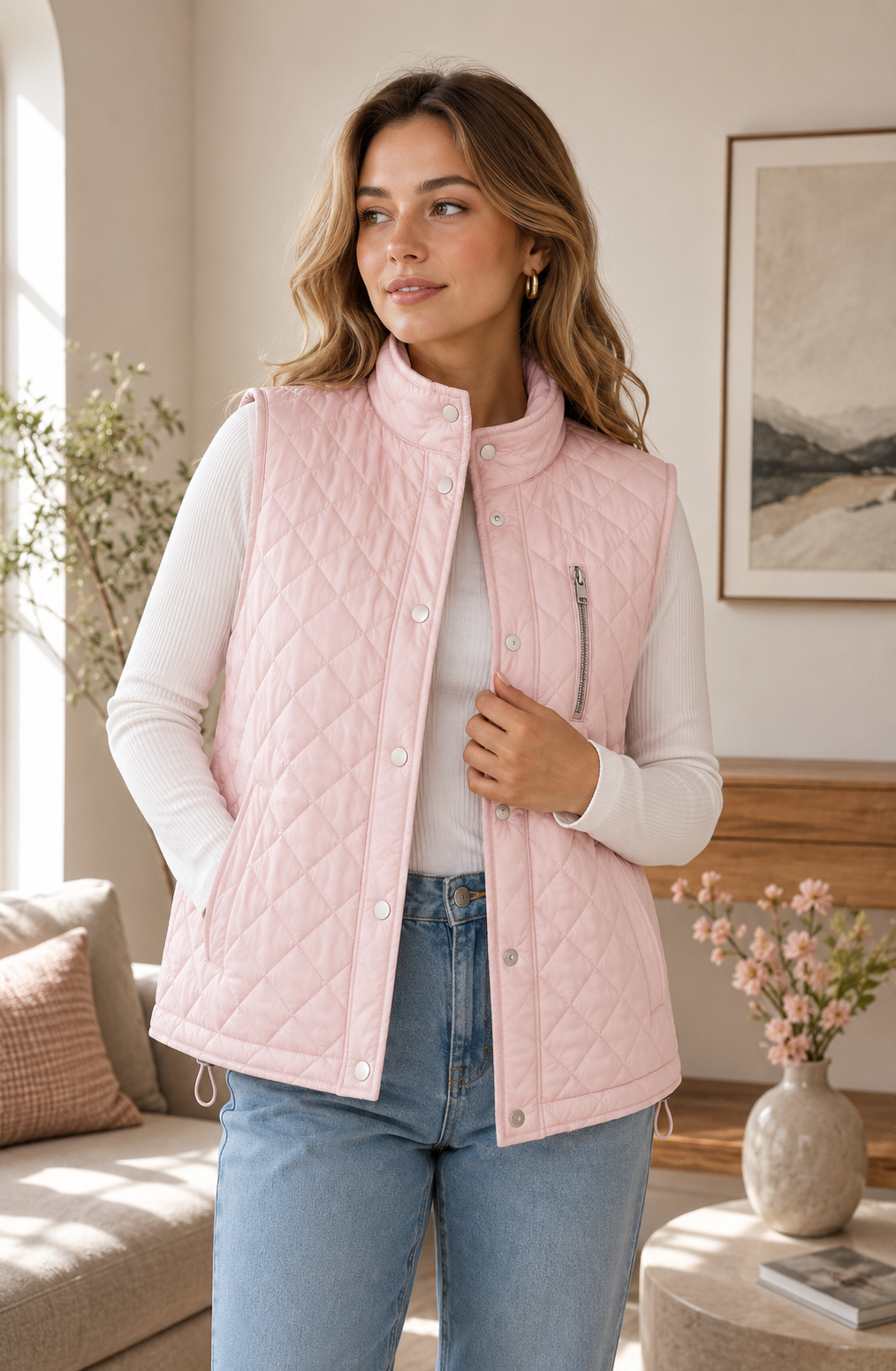 Women's pink diamond-quilted vest