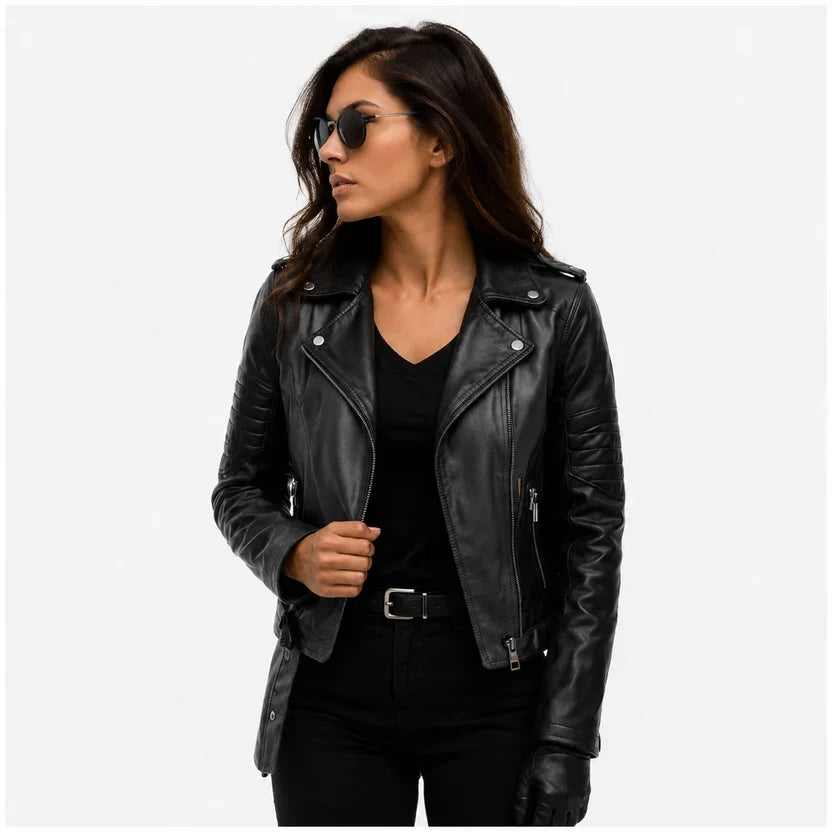 Women's Black & White Genuine Leather Moto Jacket