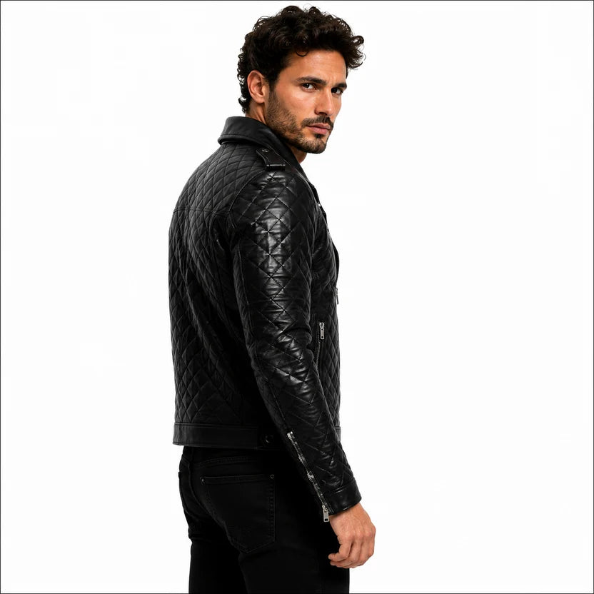 Men's White Leather Quilted Biker Jacket