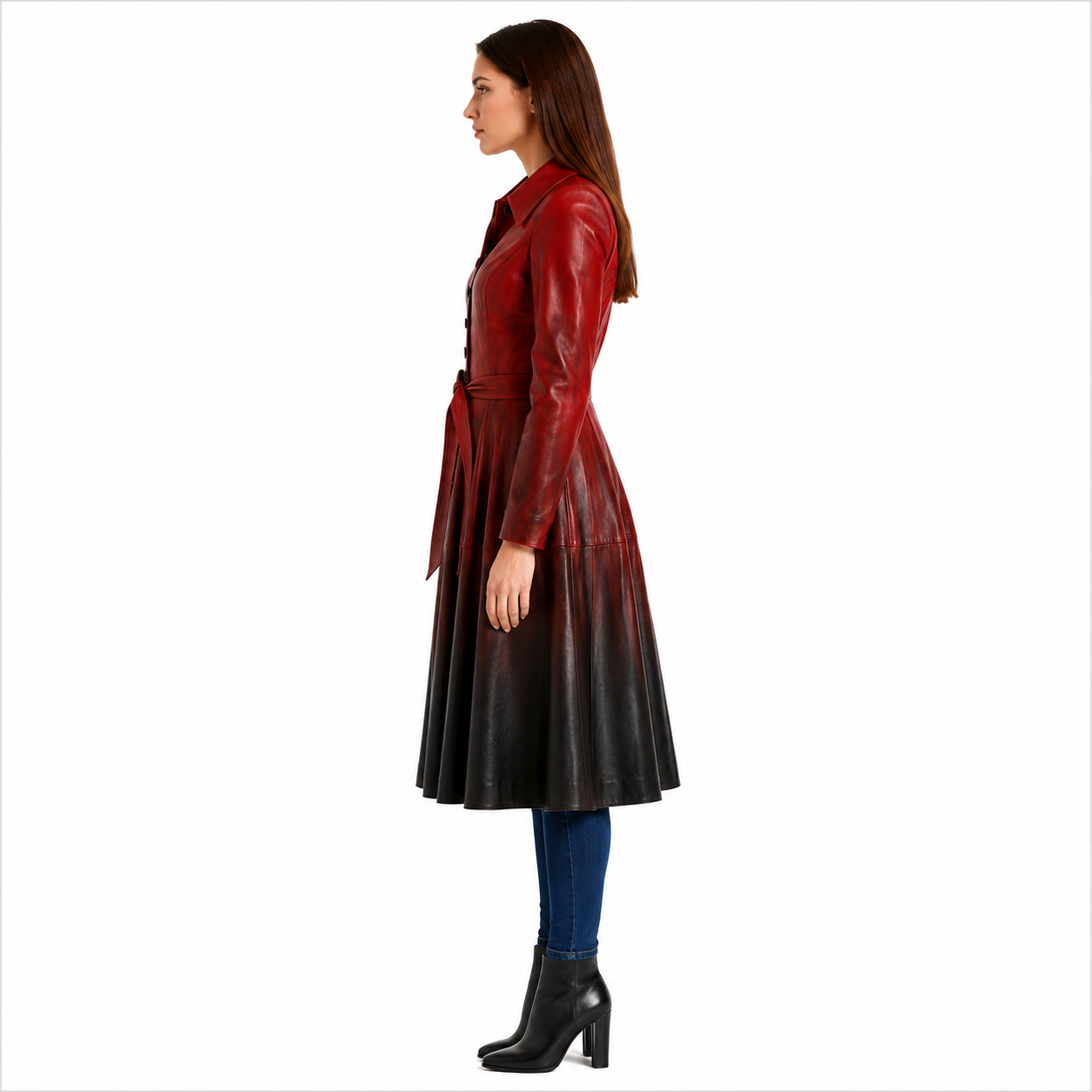 Women's Red Leather Fit and Flare Coat 