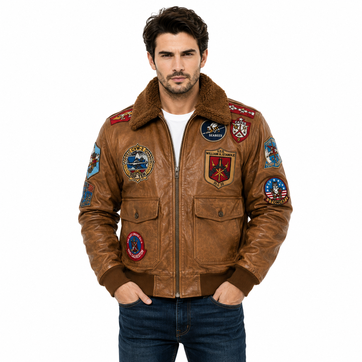 Men's Tan Brown Aviator Leather Jacket