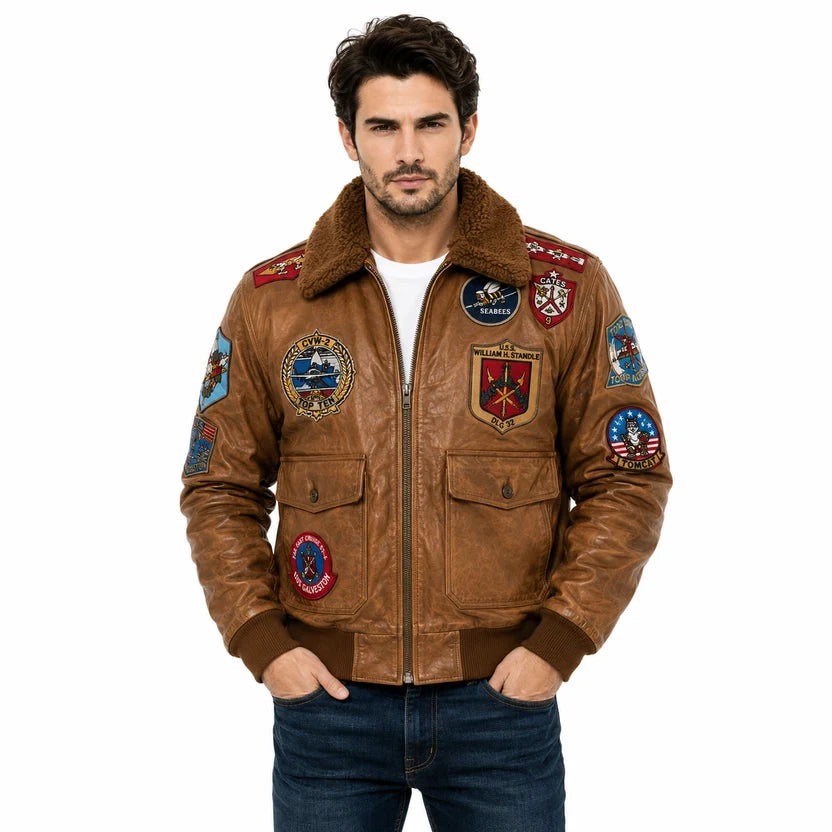 Men's Tan Leather Bomber Jacket with Brown Shearling Collar