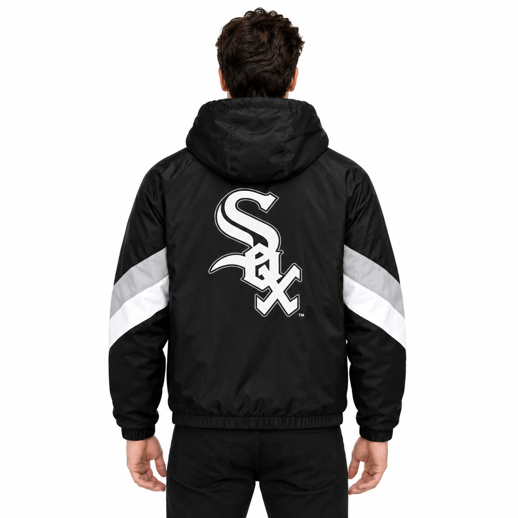 Chicago White Sox embroidered logo on black nylon anorak jacket chest