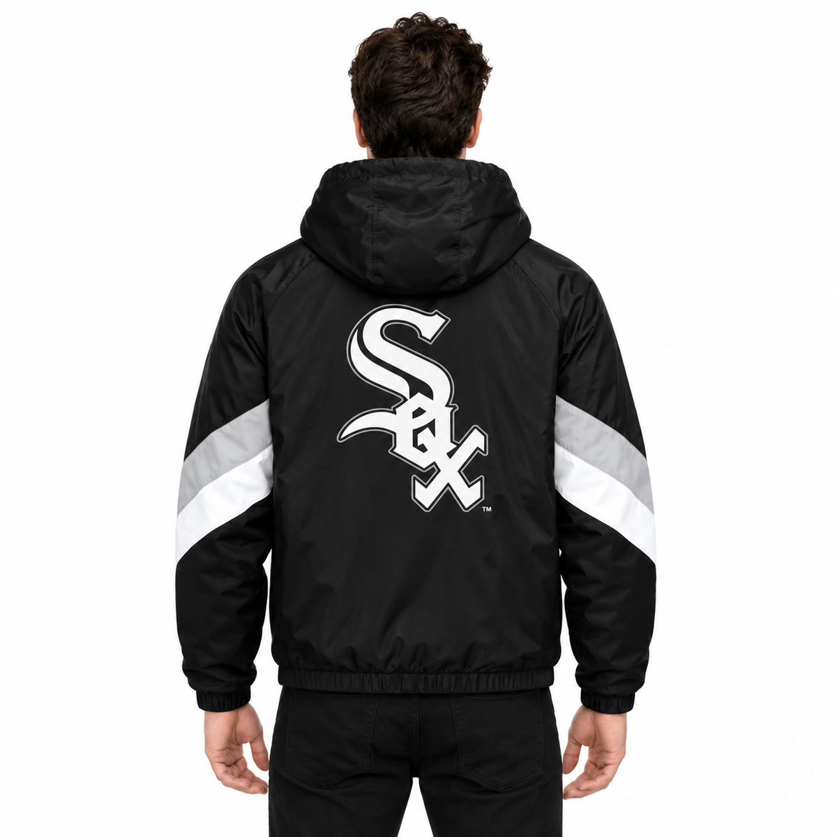 Chicago White Sox embroidered logo on black nylon anorak jacket chest