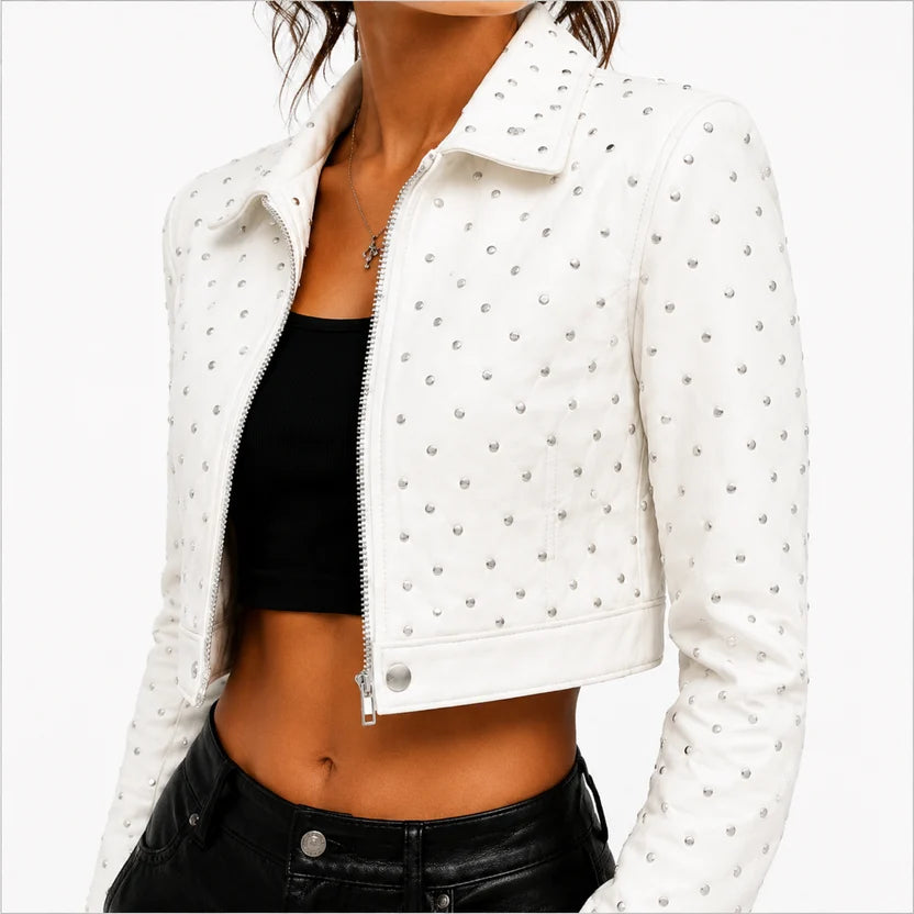Women's White Studded Cropped Leather Jacket