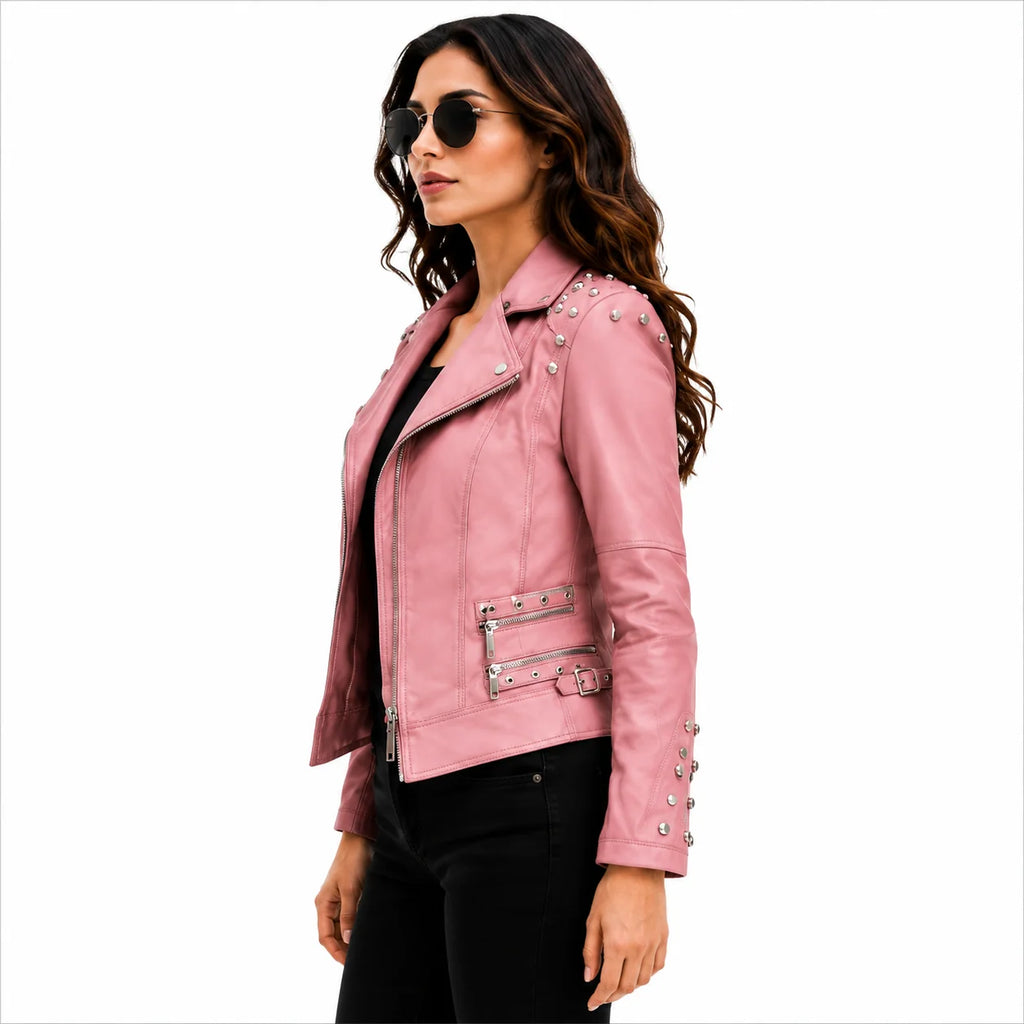 women's pink leather biker jacket