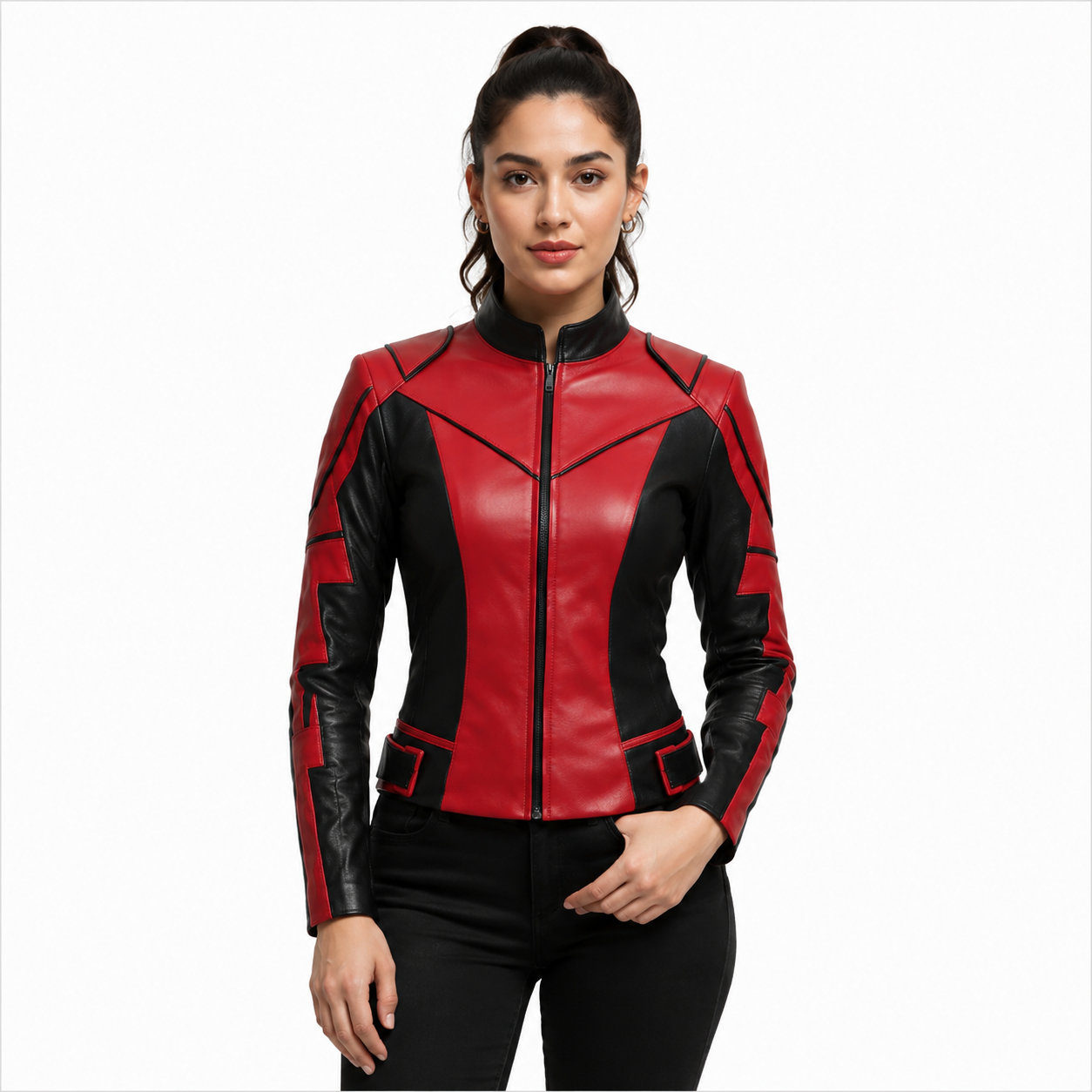 Panel Stitching Detail on Red Black Leather Moto Jacket