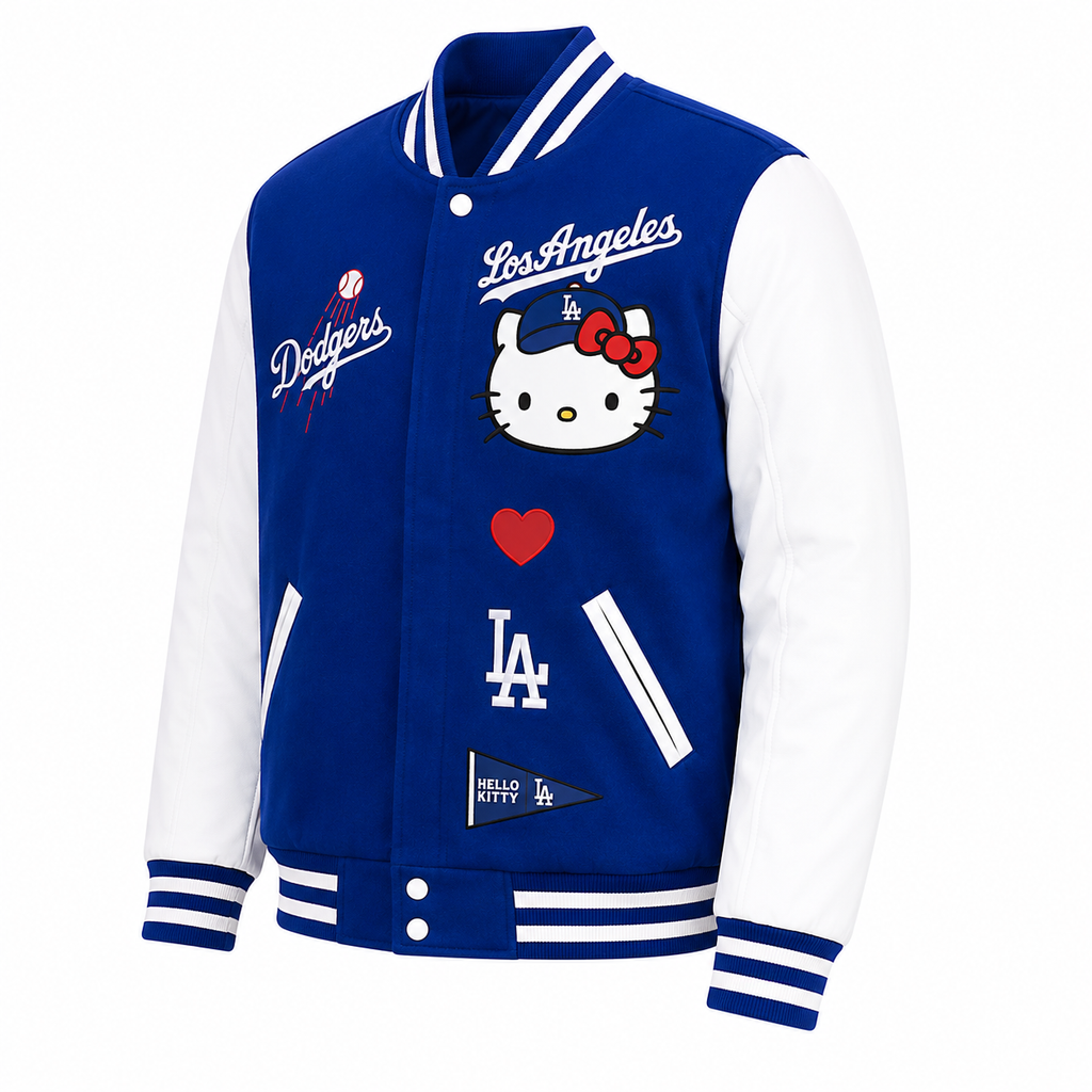 Royal Blue and White Los Angeles Dodgers Hello Kitty Varsity Jacket with Hello Kitty LA Cap Patch