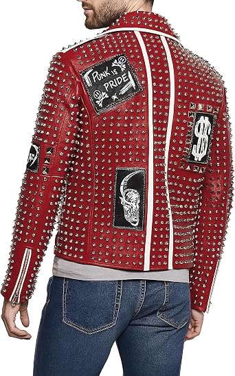 LP-FACON Men's Rock Punk Red Studded Spike Leather Biker Jacket