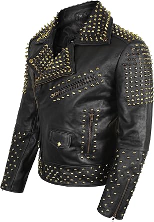 Men's Golden Studded Spike Black Leather Biker Jacket