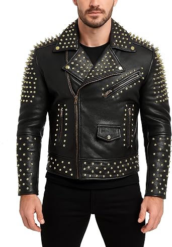 Men's Golden Studded Spike Black Leather Biker Jacket