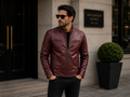 Men's Burgundy Genuine Leather Cafe Racer Jacket