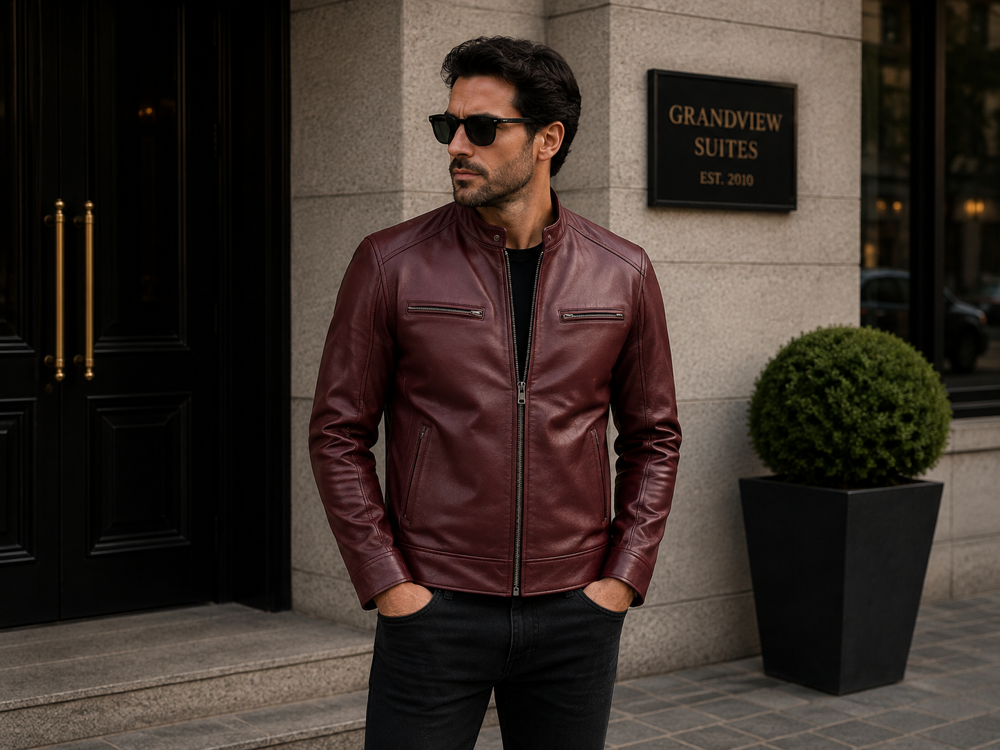 Men's Burgundy Genuine Leather Cafe Racer Jacket