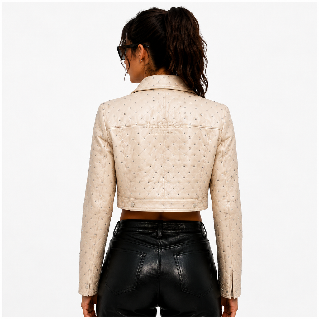 Women's Cream Cropped Studded Leather Jacket