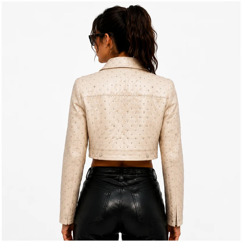 women's beige studded leather jacket