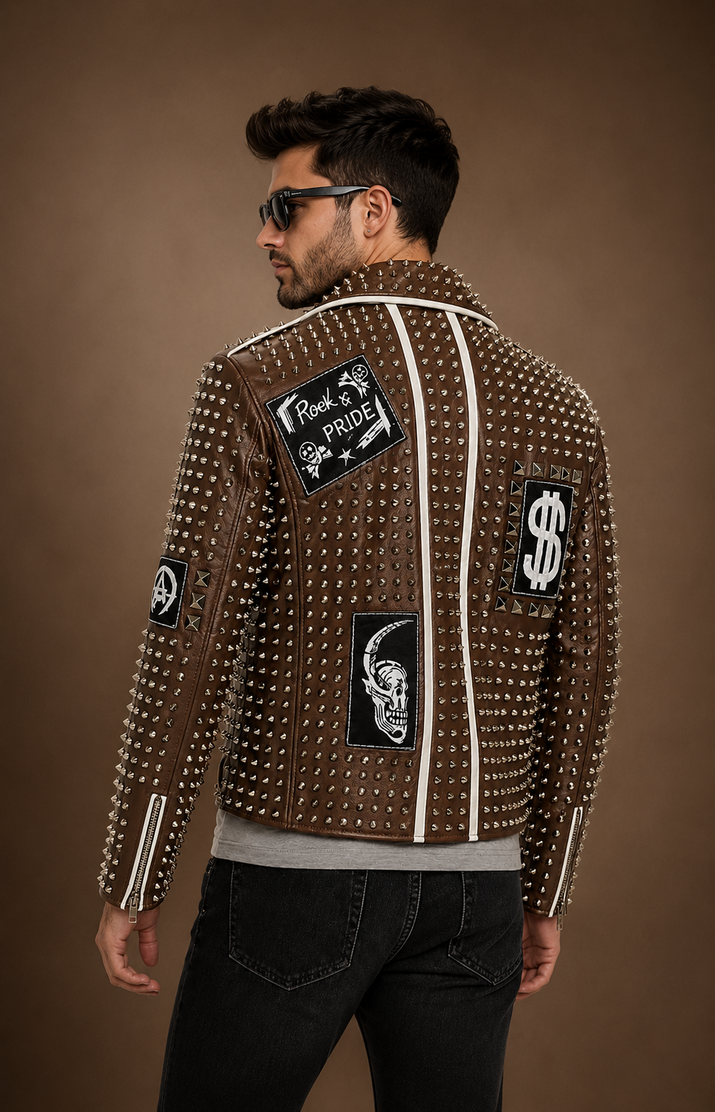 Brown studded leather biker jacket