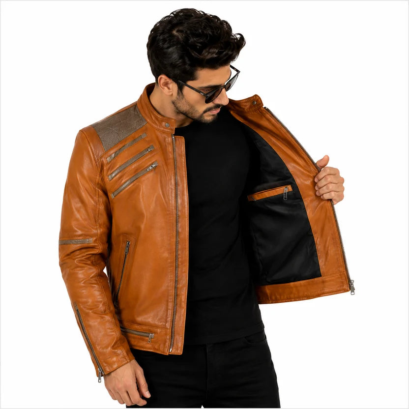 Tan Brown Leather Jacket with Grey Shoulder
