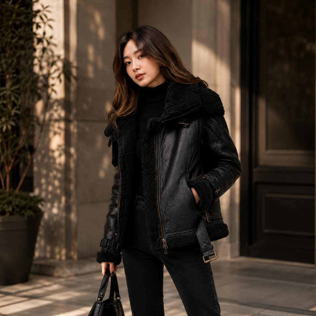 Velocite Oversized Leather Shearling Jacket