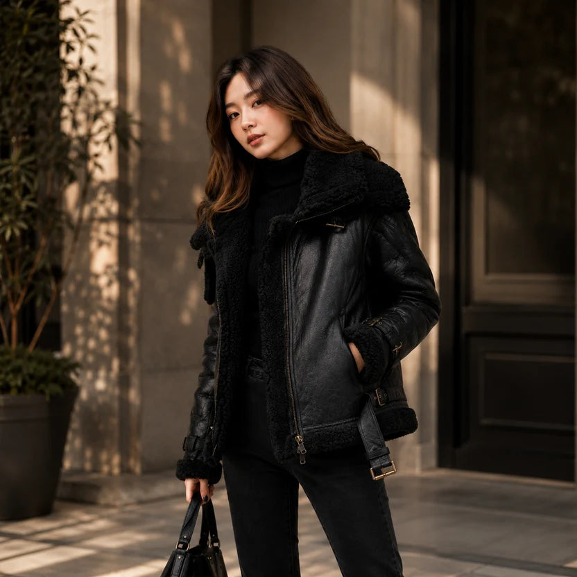 Women's Black Shearling Aviator Jacket
